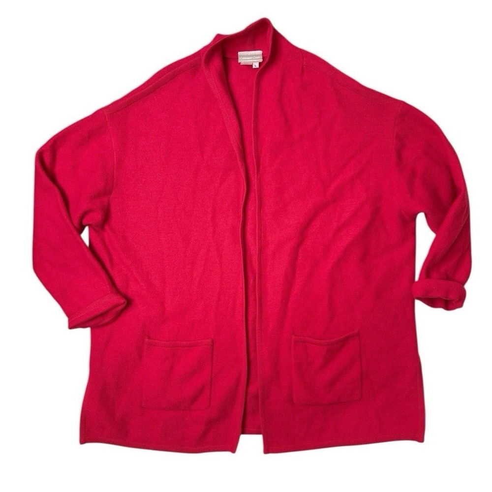 Coldwater Creek 100%‎ Wool Sweater Red Open Front Cardigan Pockets Women's Large